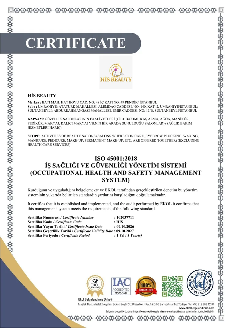His Beauty ISO 45001:2018 İş Sağlığı ve Güvenliği Yönetim Sistemi sertifikası
