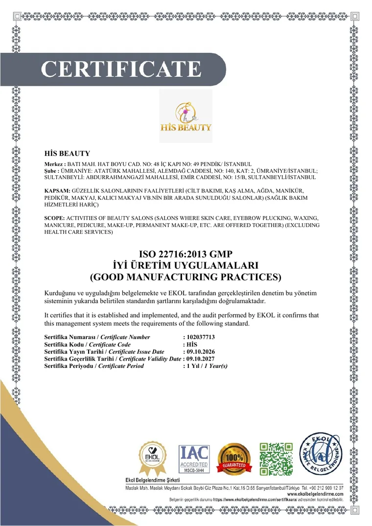 His Beauty ISO 22716:2013 GMP İyi Üretim Uygulamaları sertifikası