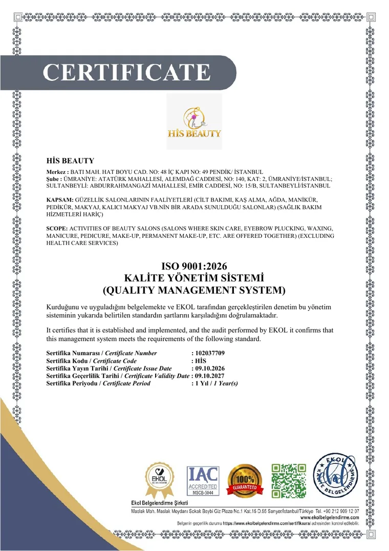 His Beauty ISO 9001:2026 Kalite Yönetim Sistemi sertifikası