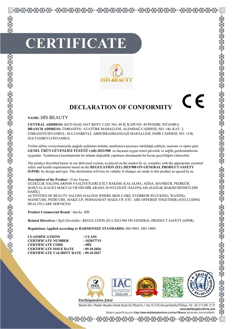 His Beauty Uygunluk Beyanı Declaration of Conformity / CE sertifikası