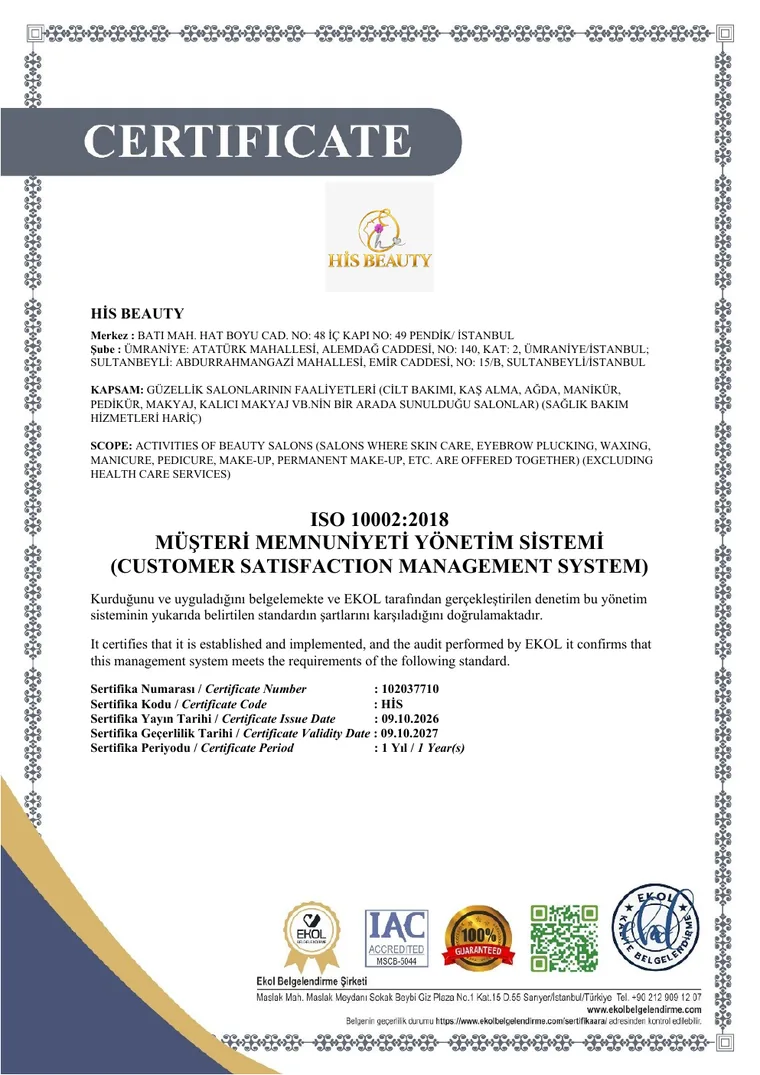 His Beauty ISO 10002:2018 Müşteri Memnuniyeti Yönetim Sistemi sertifikası