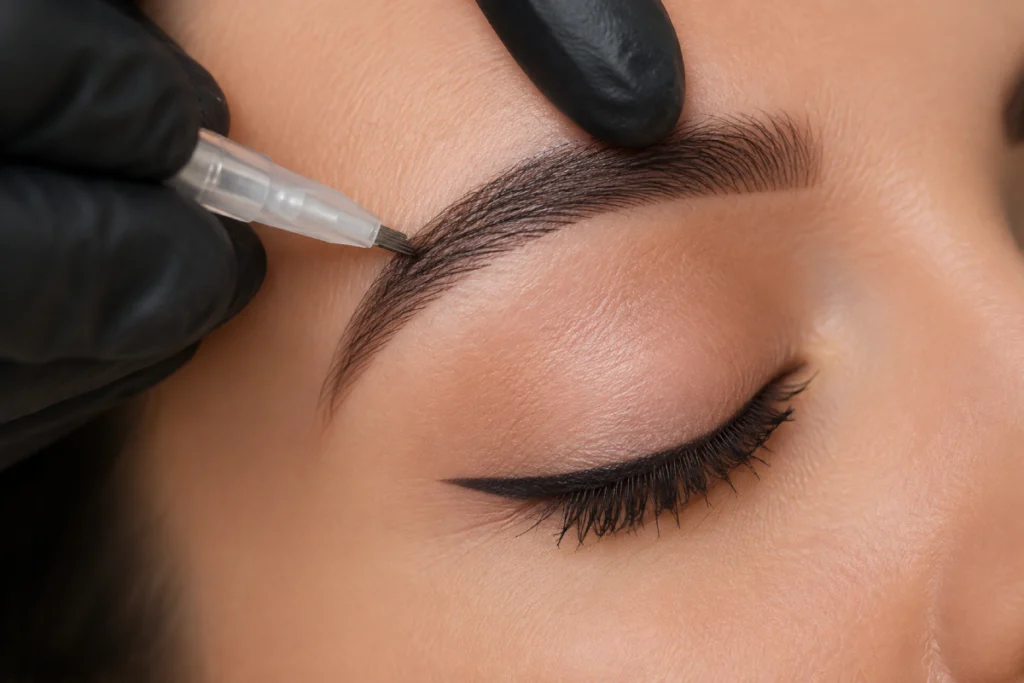 Microblading işlemi sırasında kaş bölgesine pigment uygulanması